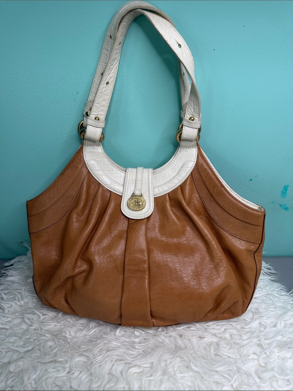 Brahmin Tan and White Leather Shoulder Bag with Gold Accent